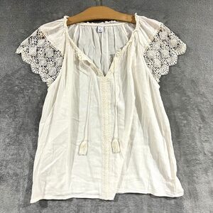 OLD NAVY Relaxed Tie Neck Crochet Lace Sleeve Blouse Ivory Boho Prairie Sz S